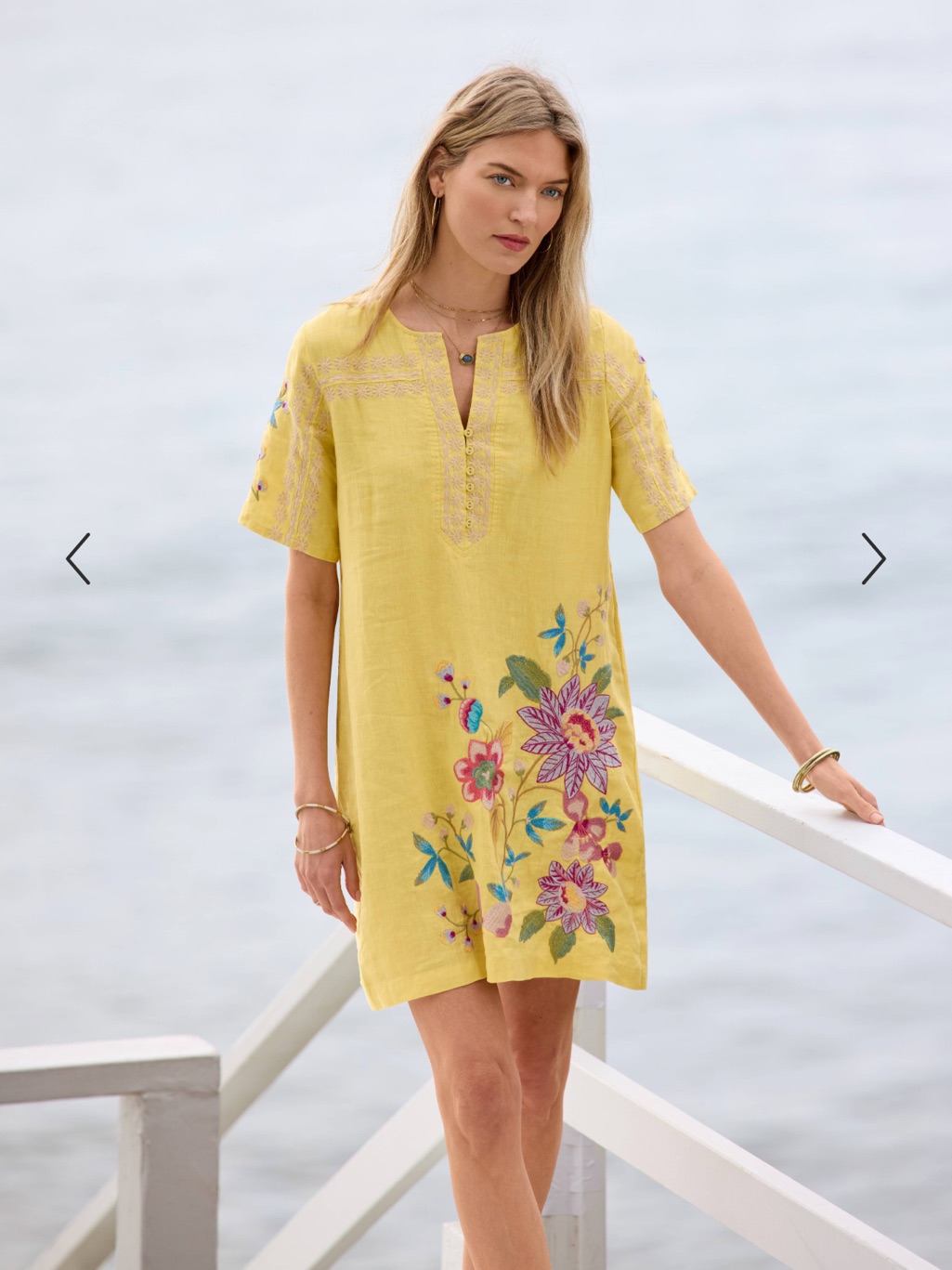 Johnny Was Seamed Button Neck Linen Dress Soft Citron Yellow Size Small Nwt